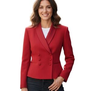Red Crepe Double-Breasted Peplum Blazer Covered Buttons Satin Lapels NWT Sz 4